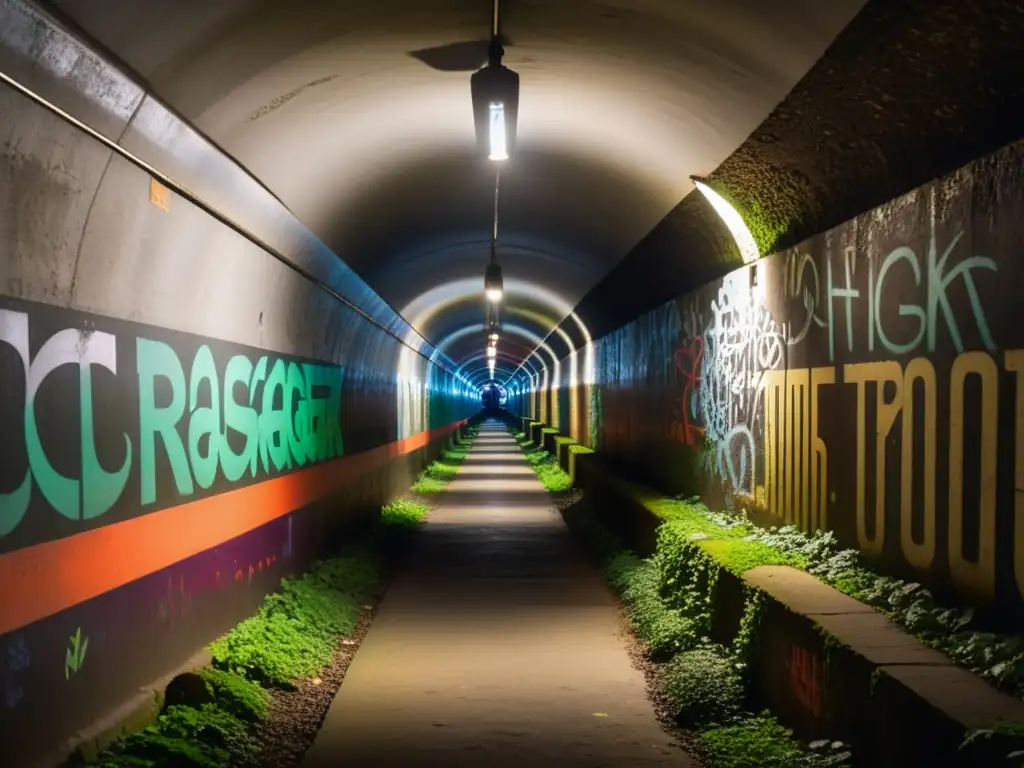 Explora las maravillas subterráneas de la exploración urbana en un laberinto histórico iluminado por la luz tenue, lleno de graffiti y misterio