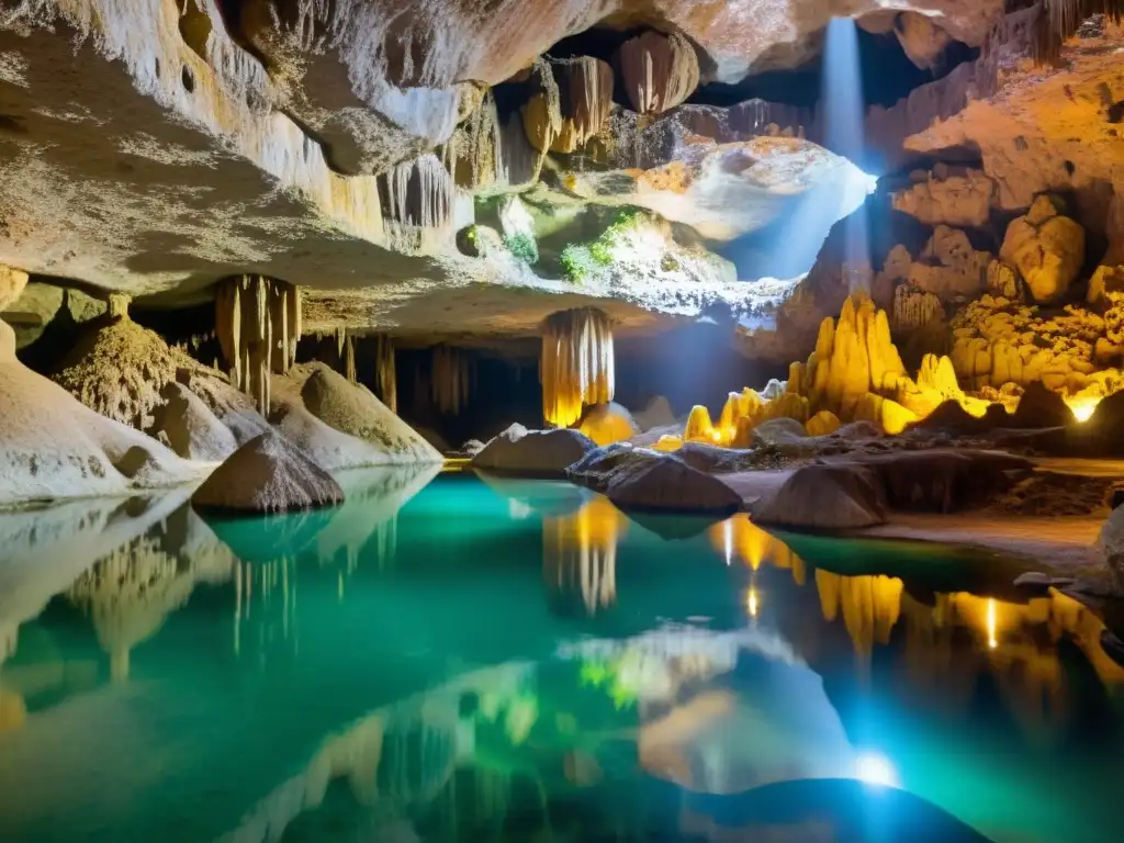 Maravillas subterráneas en las Grutas de Cacahuamilpa: una cámara subterránea impresionante con estalactitas y estalagmitas iluminadas por una suave luz cálida, reflejando en agua cristalina