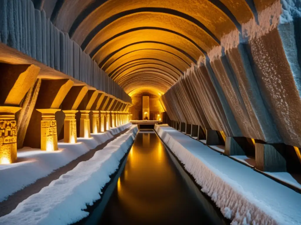 Maravillas subterráneas minas sal Wieliczka: Intrincadas esculturas de sal iluminadas por cálida luz dorada en las minas de sal subterráneas