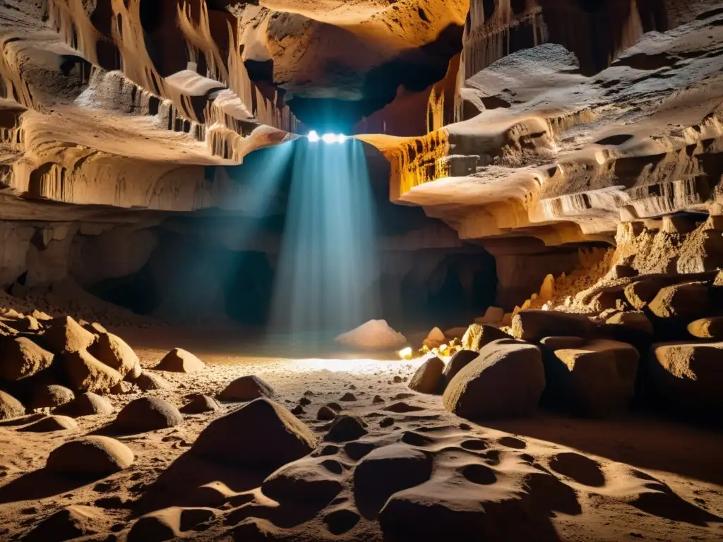 Explorando maravillas subterráneas en la oscuridad, un fotógrafo ajusta su cámara para capturar la belleza de las formaciones rocosas iluminadas