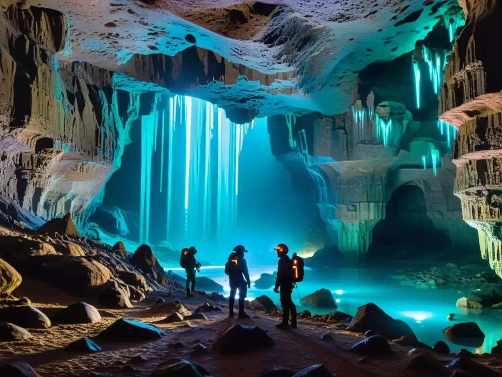 Maravillas subterráneas en un vasto caverna iluminada por hongos bioluminiscentes, con exploradores en trajes avanzados