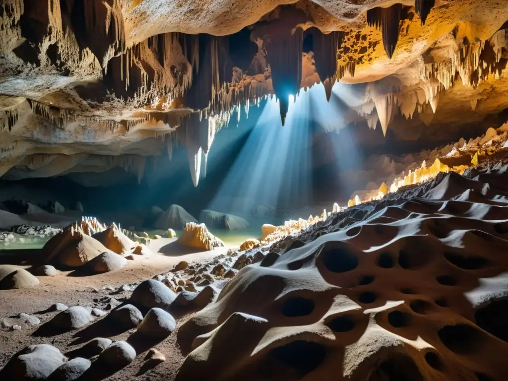 Una maravillosa caverna subterránea iluminada por luz natural, con impresionantes estalactitas y estalagmitas