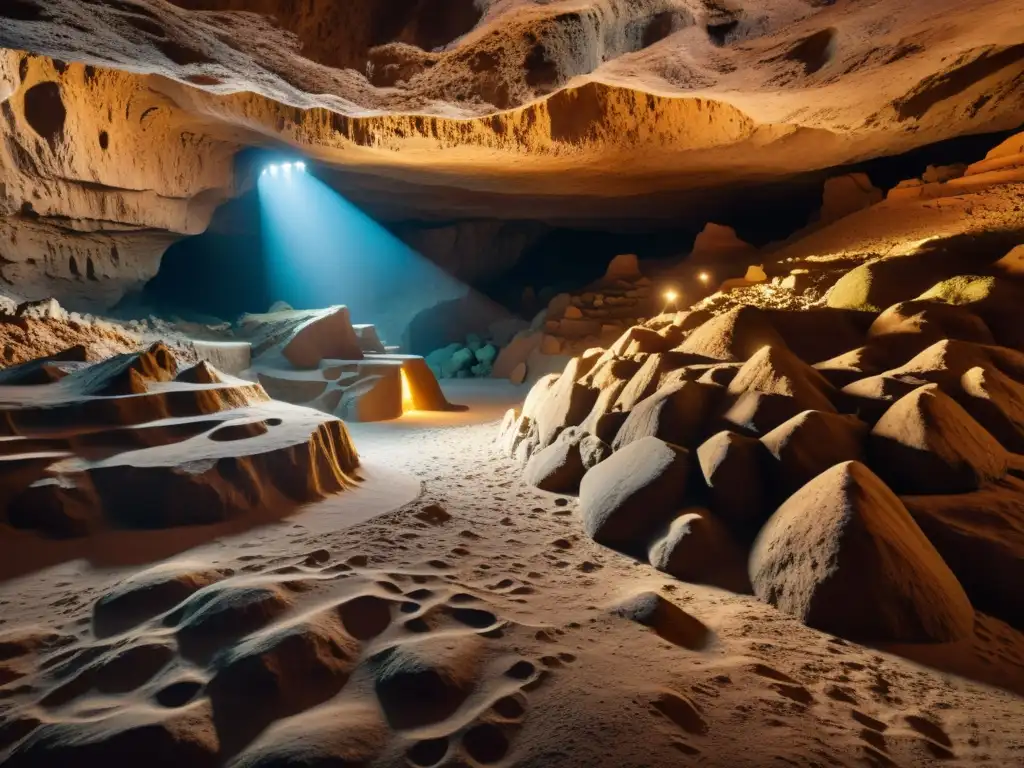 Maravillosa cueva subterránea iluminada por luz cálida