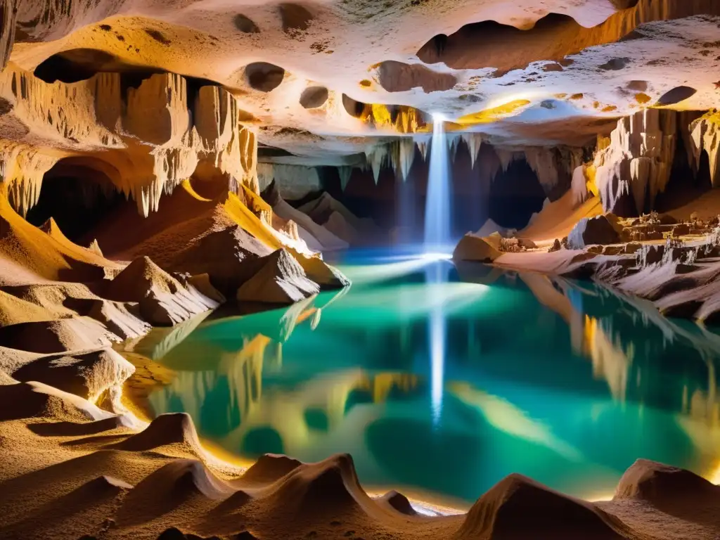 Maravillosa caverna subterránea iluminada por una suave luz etérea, revelando formaciones rocosas intrincadas y una tranquila piscina en su centro