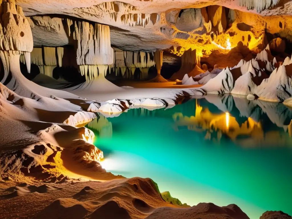 Maravilloso paisaje subterráneo iluminado por la luz cálida, destacando la belleza y el impacto del patrimonio subterráneo en ecosistemas