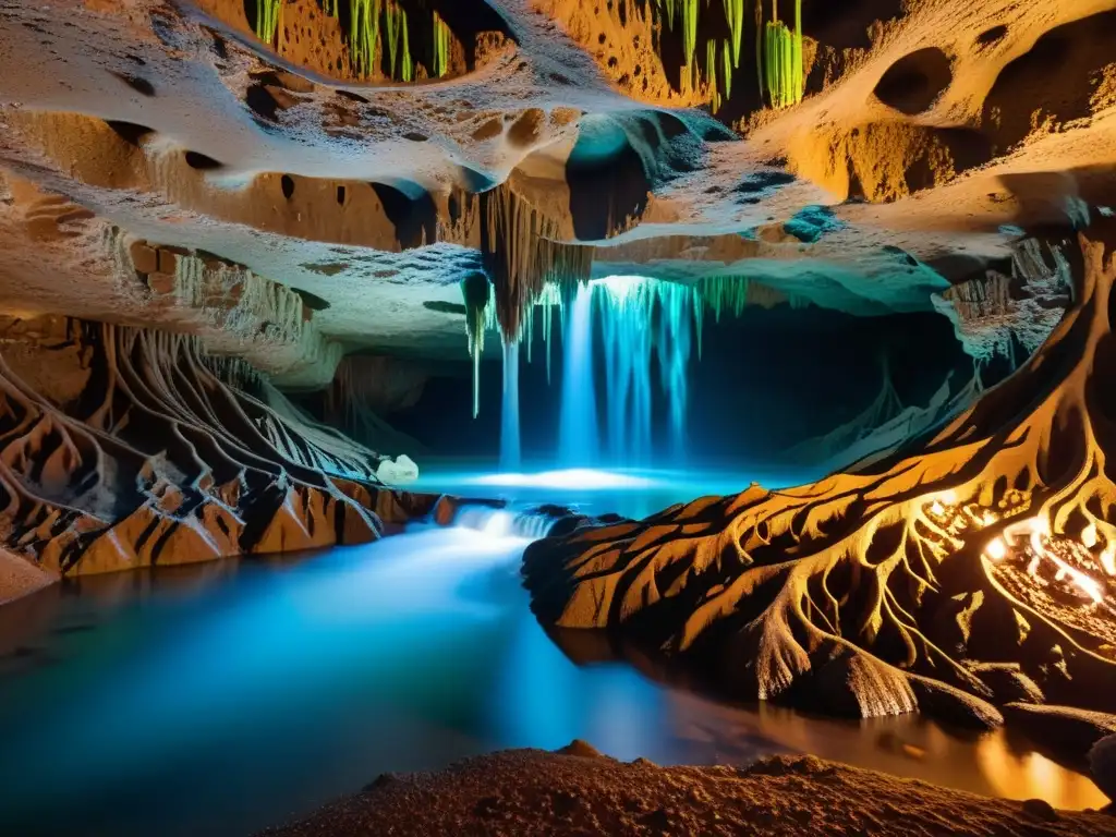 Maravilloso simbolismo de vida bajo tierra en un mundo subterráneo lleno de belleza y misterio con raíces entrelazadas y hongos bioluminiscentes