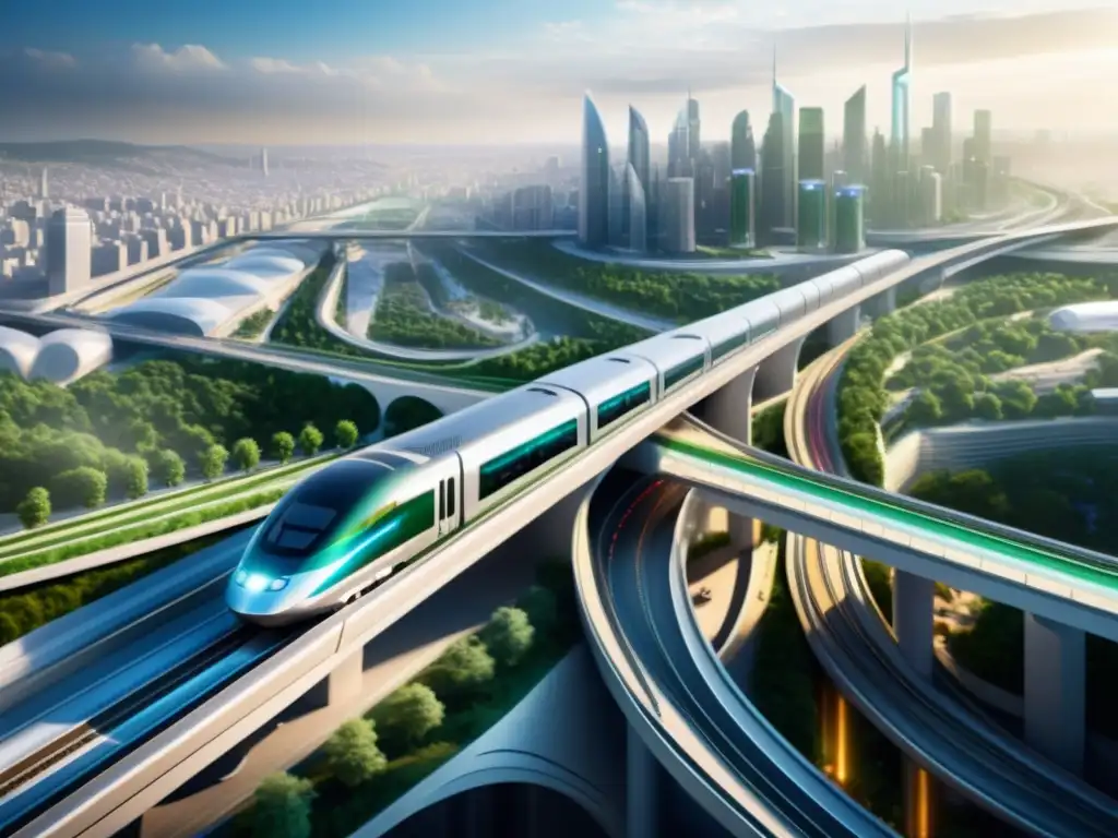 MegaTúneles: Innovaciones cambian paisaje urbano con futuristas megatúneles brillantes, trenes de alta velocidad y moderna arquitectura urbana