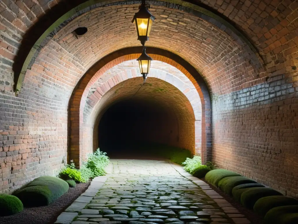 Réplica meticulosa de túnel histórico para decoración hogar, con ladrillos envejecidos, arcos y faroles tenues