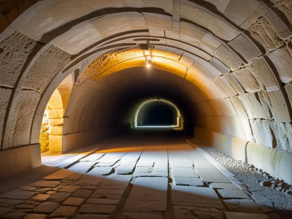 Métodos de refuerzo y estabilización en túneles antiguos, iluminados por luz cálida, revelando su historia y durabilidad