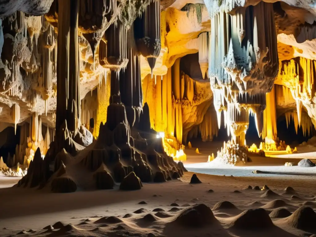 Bioconservación vida microbiana ambientes subterráneos: Espectacular red de estalactitas y estalagmitas brillantes en cálida cueva subterránea