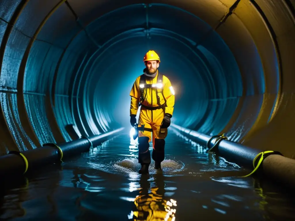 Miembro de equipo de rescate en túnel con equipamiento de flotación, listo para desafiantes operaciones subacuáticas