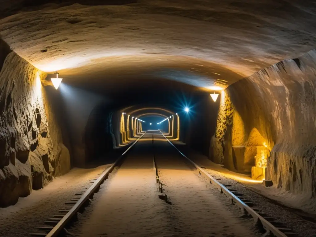 En la mina de sal de Wieliczka, aparecen figuras fantasmales en un túnel húmedo y oscuro, iluminado por linternas titilantes