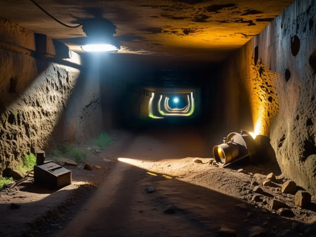 Explorando minas abandonadas con la luz tenue de un casco en la distancia, evocando misterio e historia