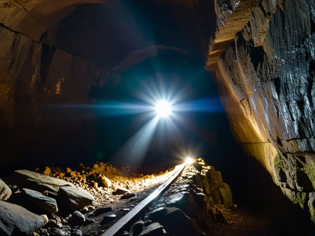 Un minero ilumina un túnel rocoso con su lámpara frontal en ambientes subterráneos