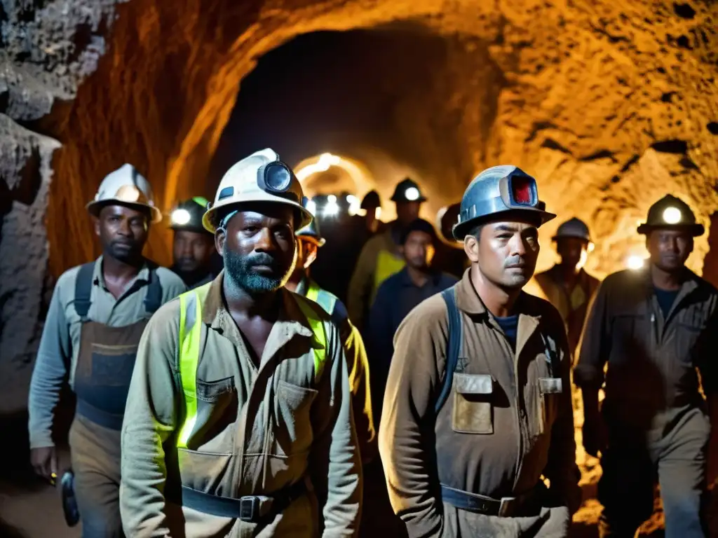 Mineros trabajando en túnel subterráneo: contraste visual impactante Mineros con protección auditiva en entorno subterráneo, iluminados por sus lámparas, trabajan entre rocas y minerales brillantes