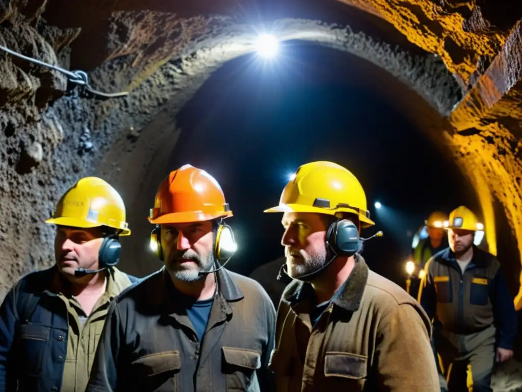 Mineros trabajando con determinación en túnel subterráneo Mineros con cascos y protección auditiva trabajan con determinación en túnel subterráneo lleno de maquinaria