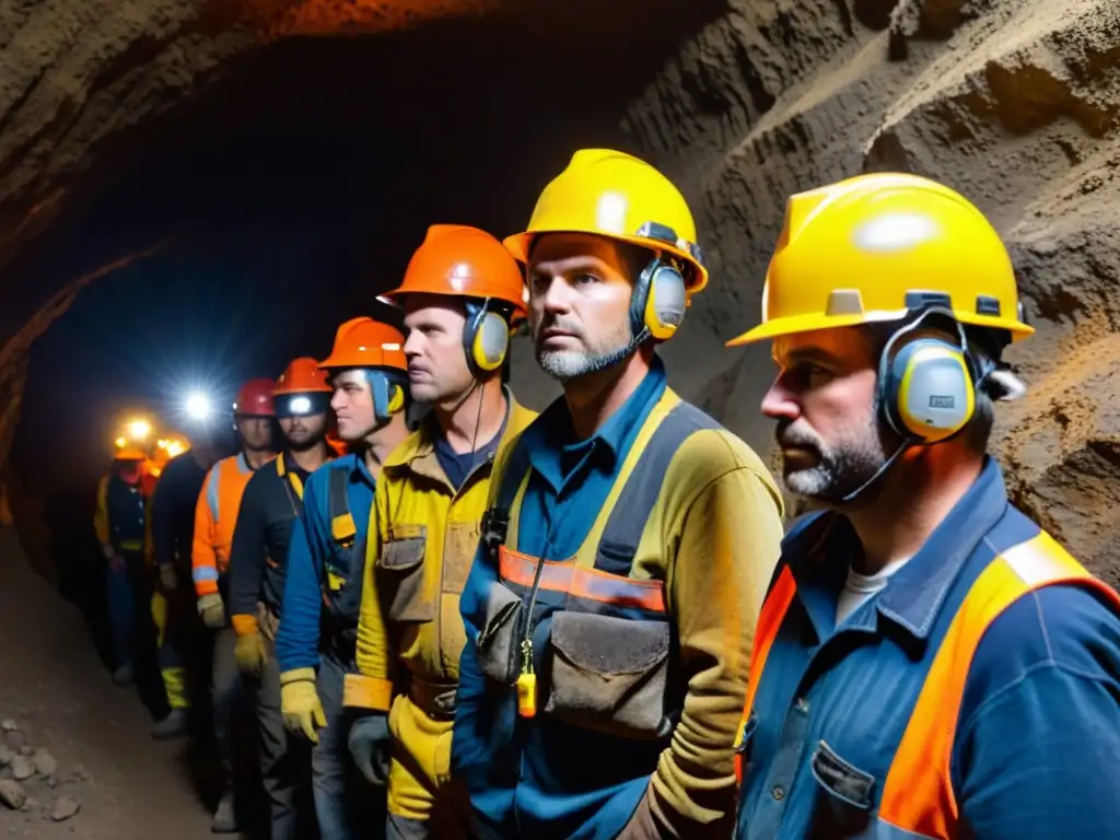 Mineros en túnel: protección y concentración Mineros en entorno subterráneo con cascos y protección auditiva