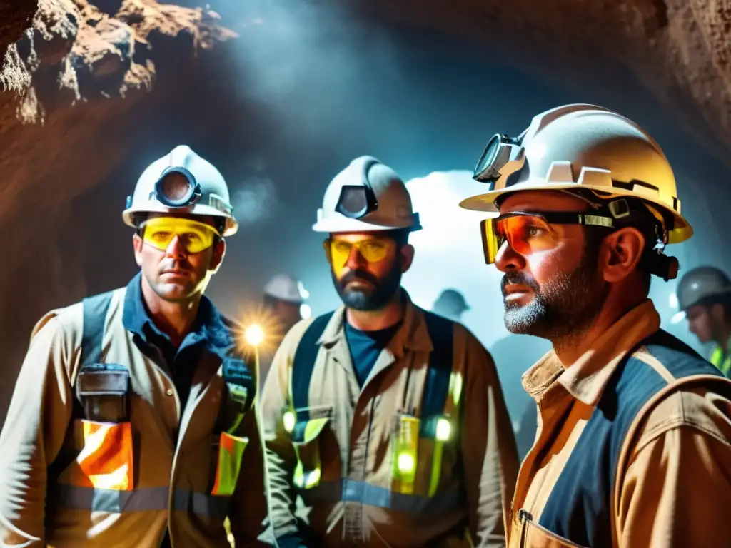 Mineros trabajando en entorno subterráneo con gafas adecuadas