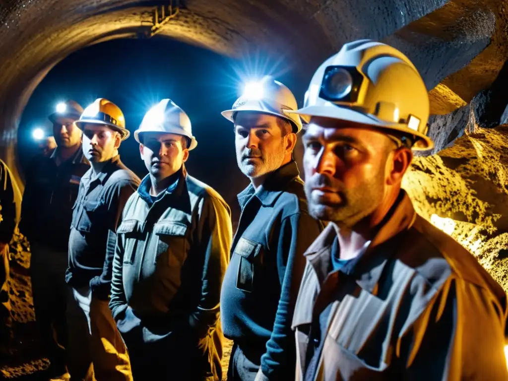 Mineros con gafas adecuadas entornos subterráneos trabajando en túnel oscuro, ambiente desafiante y determinación en sus rostros