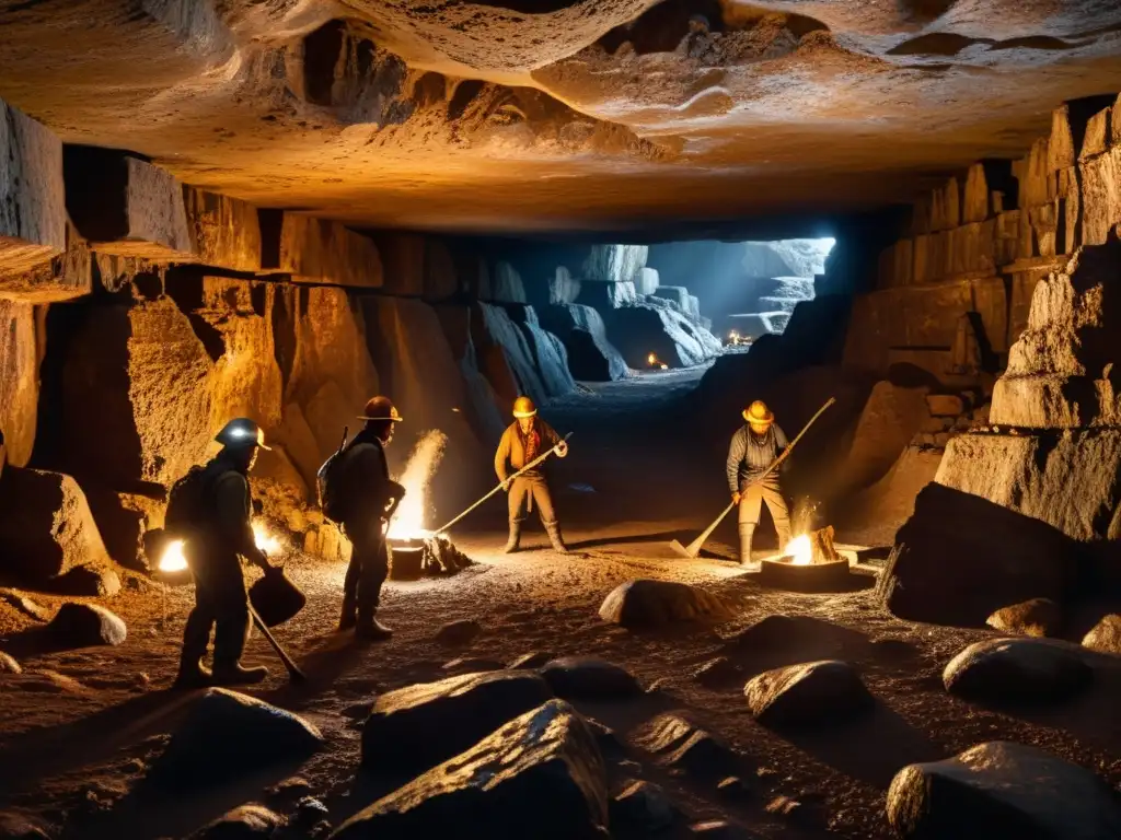 Mineros luchando contra la humedad en una mina prehistórica, iluminada por antorchas, con magníficas carvings en las paredes rocosas