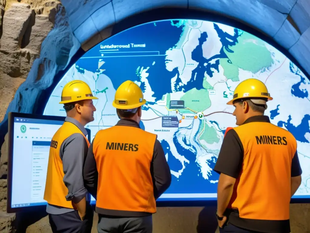 Mineros con lámparas frontales discuten un mapa 3D en pantalla, mostrando la seguridad en exploraciones subterráneas con software de mapeo