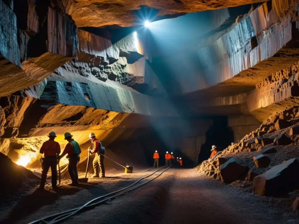 Mineros con lámparas frontales extraen mineral en una mina subterránea histórica, evocando investigaciones en minas históricas oscurecidas