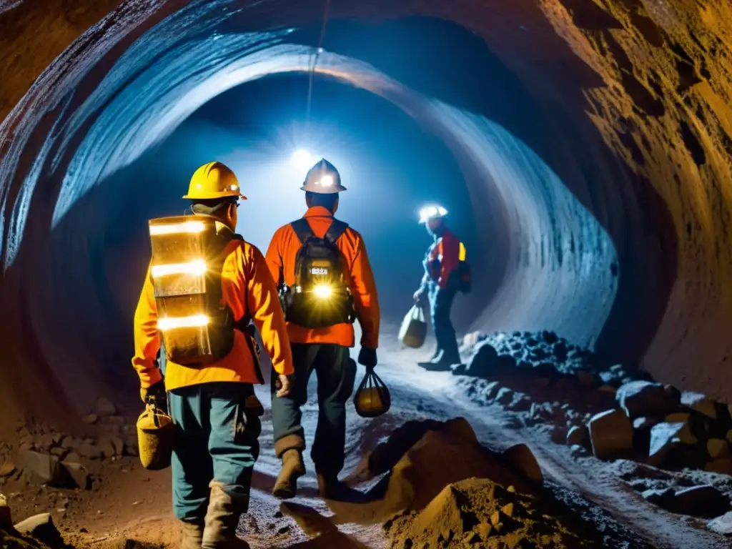 Mineros explorando minas históricas en Potosí con avanzado equipo de seguridad, respetando normativas para exploración subterránea segura