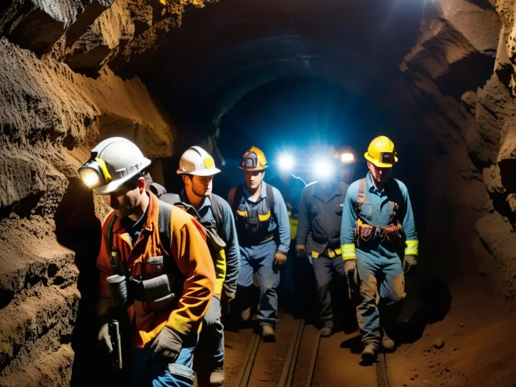 Mineros descendiendo con monitores de gases peligrosos subterráneos en túnel oscuro y tenso