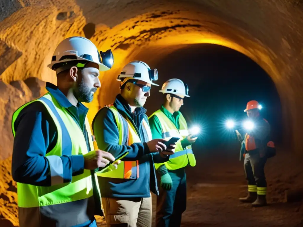 Mineros explorando túnel con aplicaciones de RA, iluminados por dispositivos y datos virtuales en las paredes