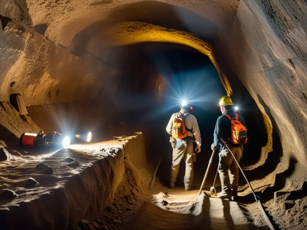 Mineros explorando túnel de mina histórica, iluminados por lámparas frontales en ambiente polvoriento y enigmático