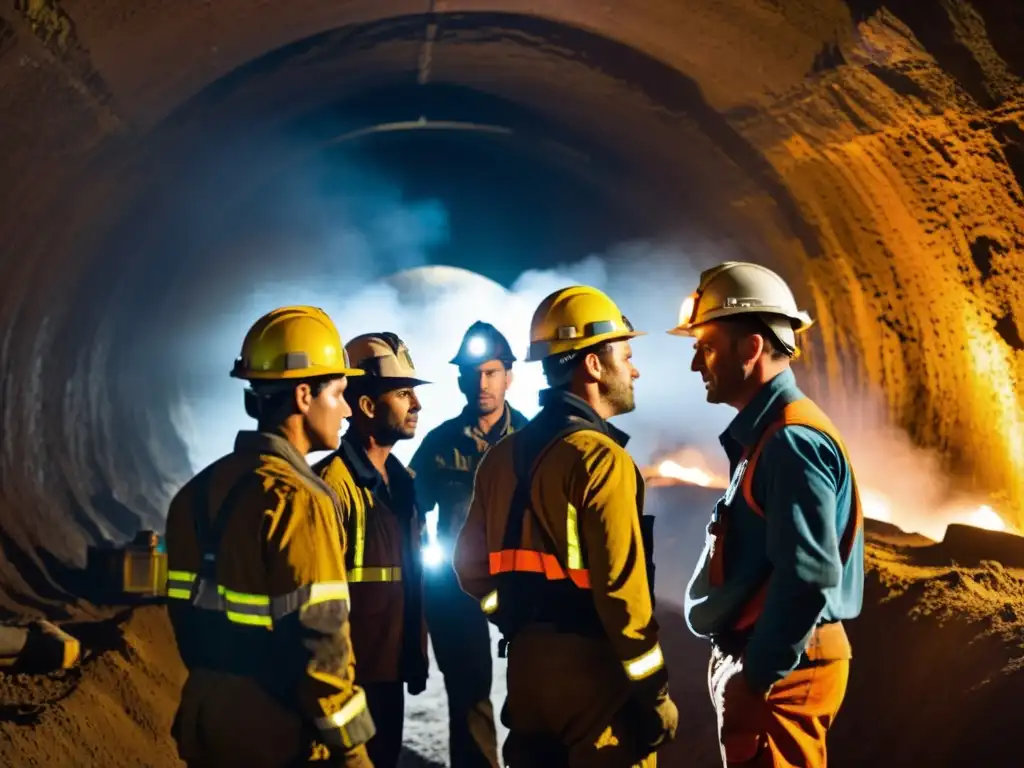 Mineros en túnel industrial, determinación y desgaste Mineros conversando en túnel subterráneo, iluminados por sus lámparas frontales