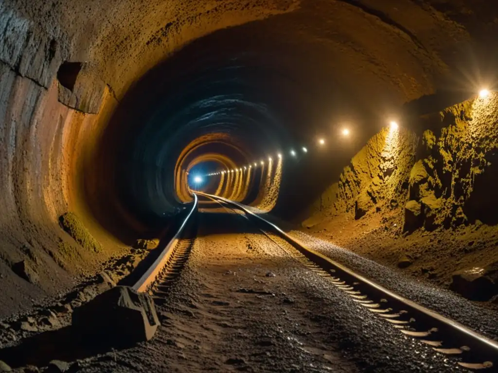 Mineros Potosí explorando túneles históricos en la antigua mina, iluminados por lámparas de cabeza, rodeados de mineral y determinación