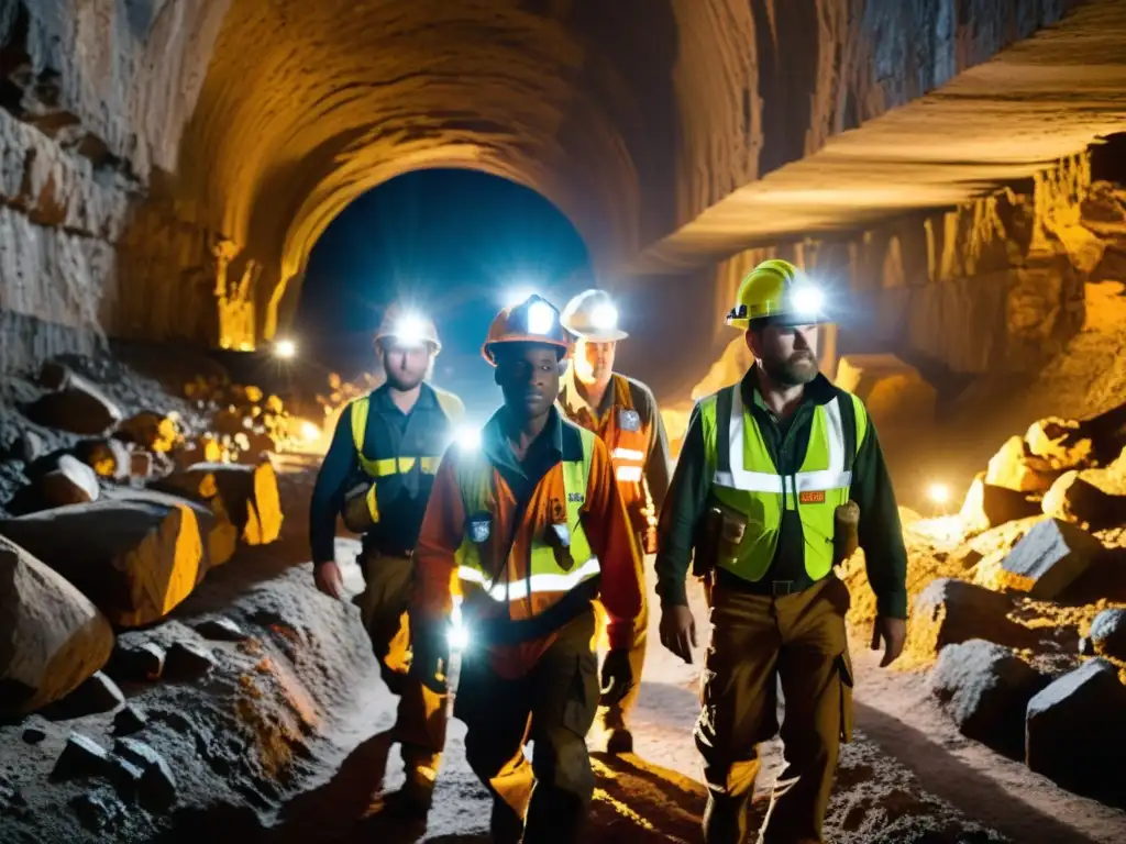 Mineros explorando túneles subterráneos con linternas frontales