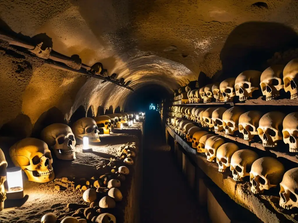 Explora los misterios de las catacumbas de París en un túnel iluminado por linternas, con una atmósfera inquietante y surrealista