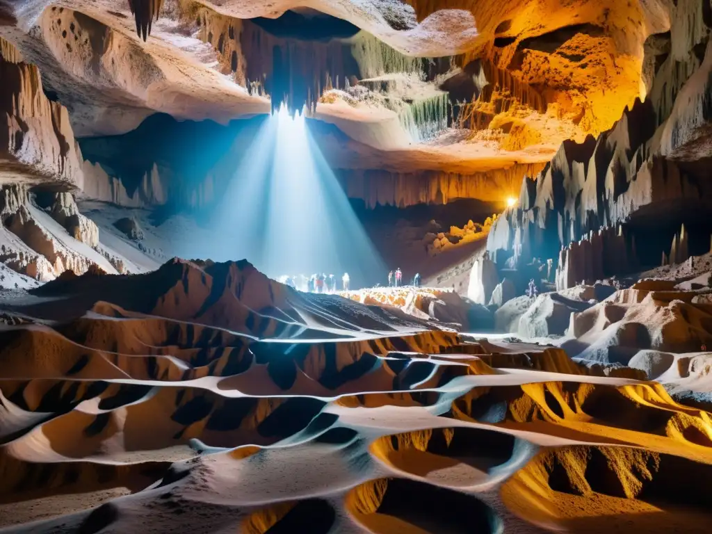 Misterios del Mundo Subterráneo Maravillas: Impactante caverna iluminada por la luz natural, con estalactitas, estalagmitas y exploradores