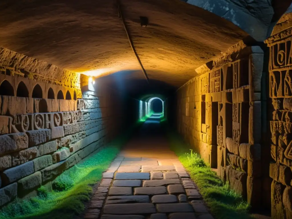 Explora los misterios de los túneles medievales templarios descubrimiento en esta antigua galería de piedra iluminada por antorchas