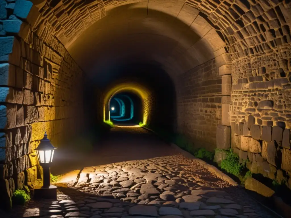 Misterios de los túneles templarios: antiguo túnel subterráneo iluminado por antorchas, con símbolos en las paredes de piedra