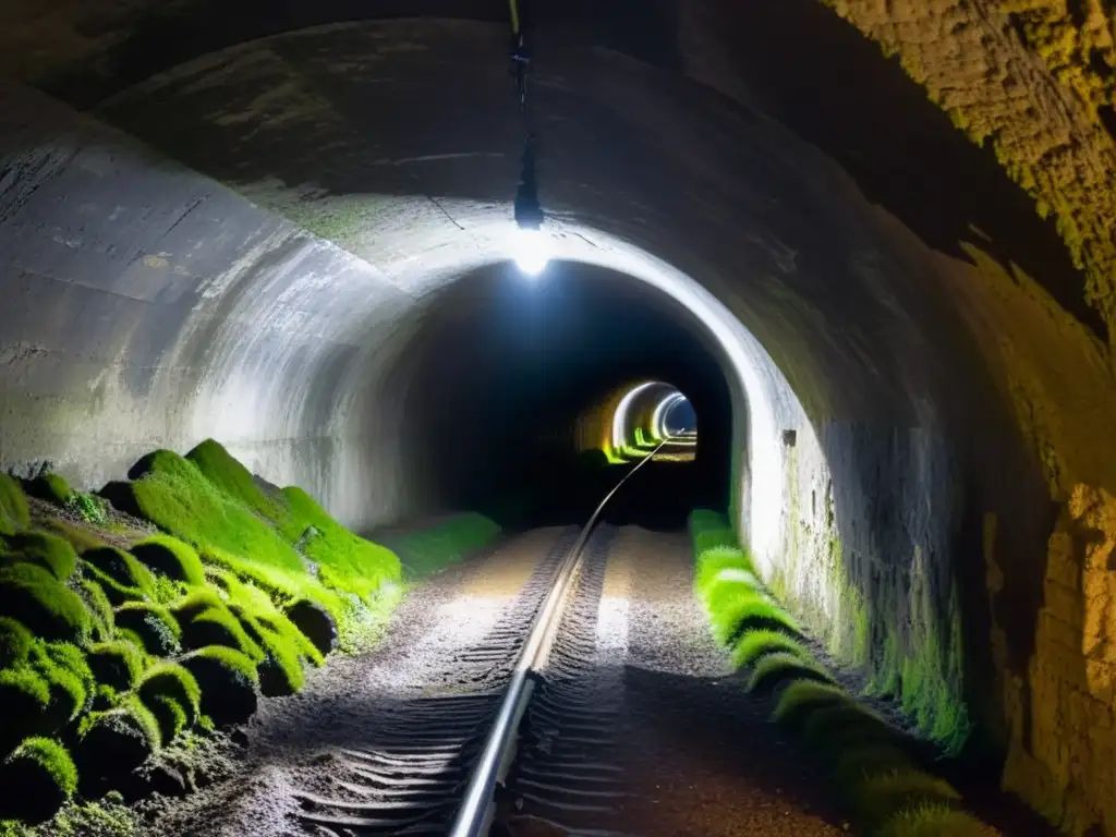 Explora la misteriosa Fotografía en ambientes subterráneos históricos: un túnel oscuro y cubierto de musgo que invita a la aventura en la historia