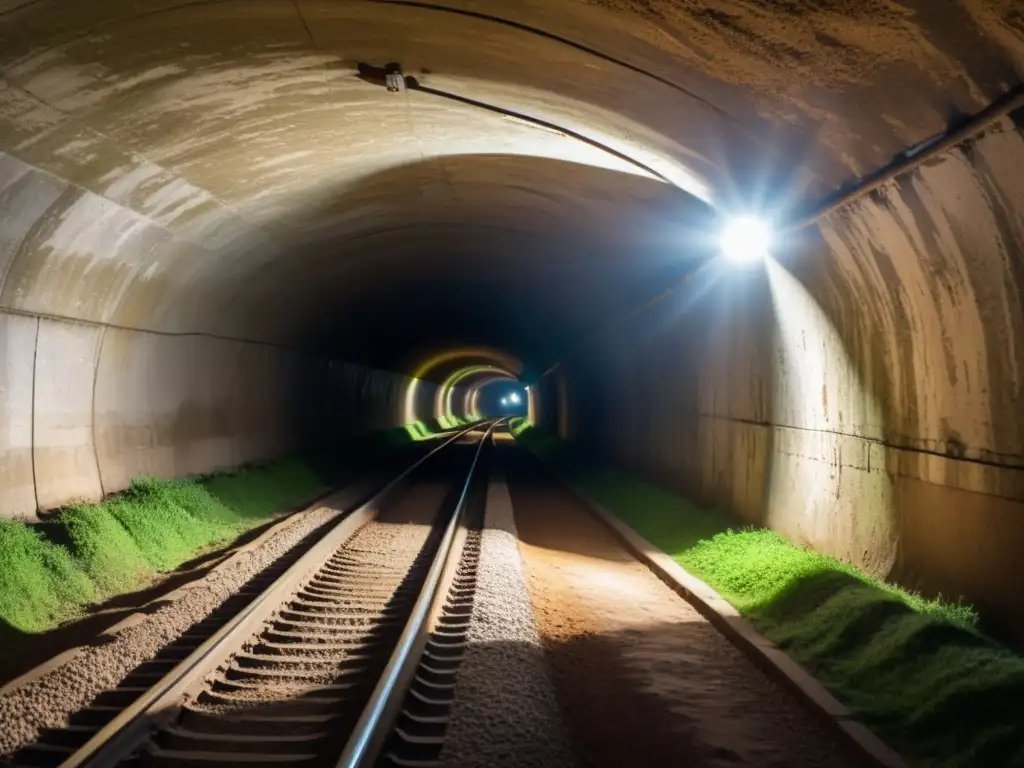 Una misteriosa y antigua foto de un túnel subterráneo, con desgaste y detallados muros iluminados dramáticamente