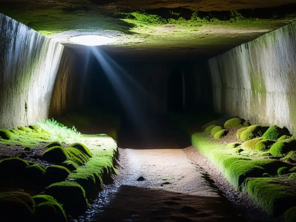 Explora la misteriosa atmósfera de un túnel subterráneo iluminado por un haz de luz, resaltando la arquitectura y la historia