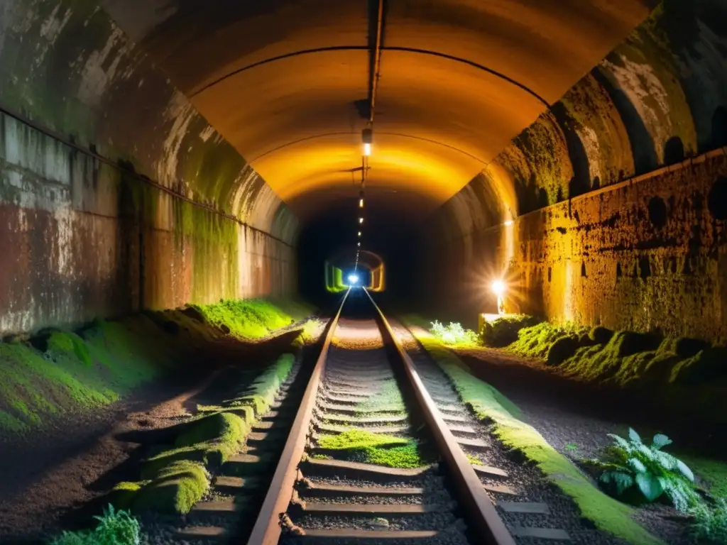 Explora la misteriosa belleza de un túnel subterráneo histórico, iluminado por un rayo de luz