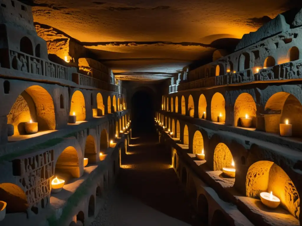 Una misteriosa catacumba antigua iluminada por velas, mostrando la restauración de catacumbas y criptas en un entorno cargado de historia y solemnidad