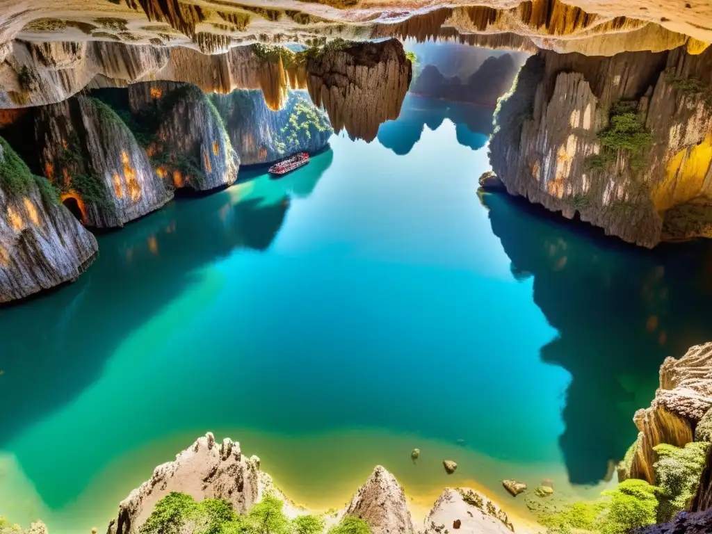 Explora la misteriosa Caverna del Dragón de Ha Long en Vietnam, con sus impresionantes estalactitas y estalagmitas iluminadas por la suave luz natural