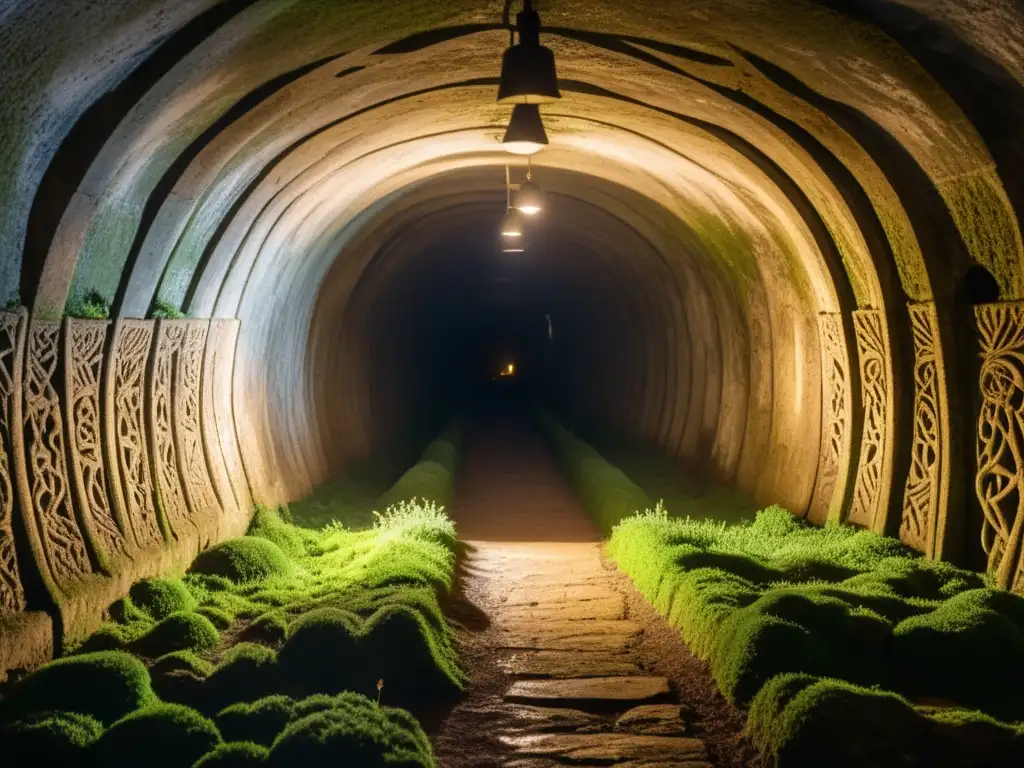 Explora la misteriosa historia de los túneles subterráneos con intrincadas carvings, iluminados por antorchas