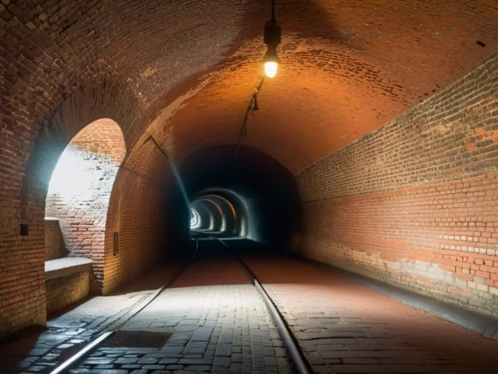 Una misteriosa fotografía de un túnel subterráneo histórico, iluminado por una suave luz cálida