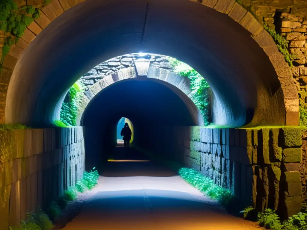 Exploración misteriosa del turismo subterráneo, con antiguos arcos y paredes cubiertas de musgo en un túnel iluminado de manera atmosférica