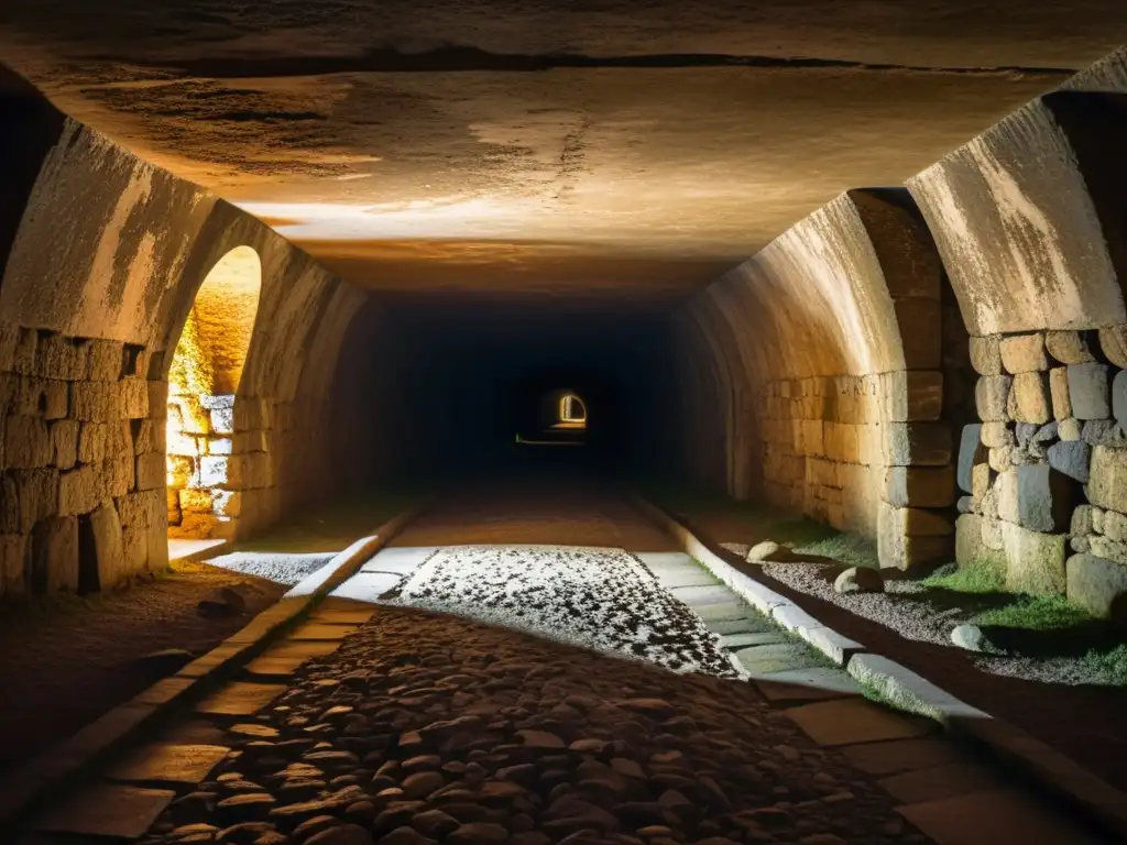 Explora las misteriosas catacumbas de San Calixto Realidad Virtual, con antiguas paredes de piedra, sombras y luces titilantes