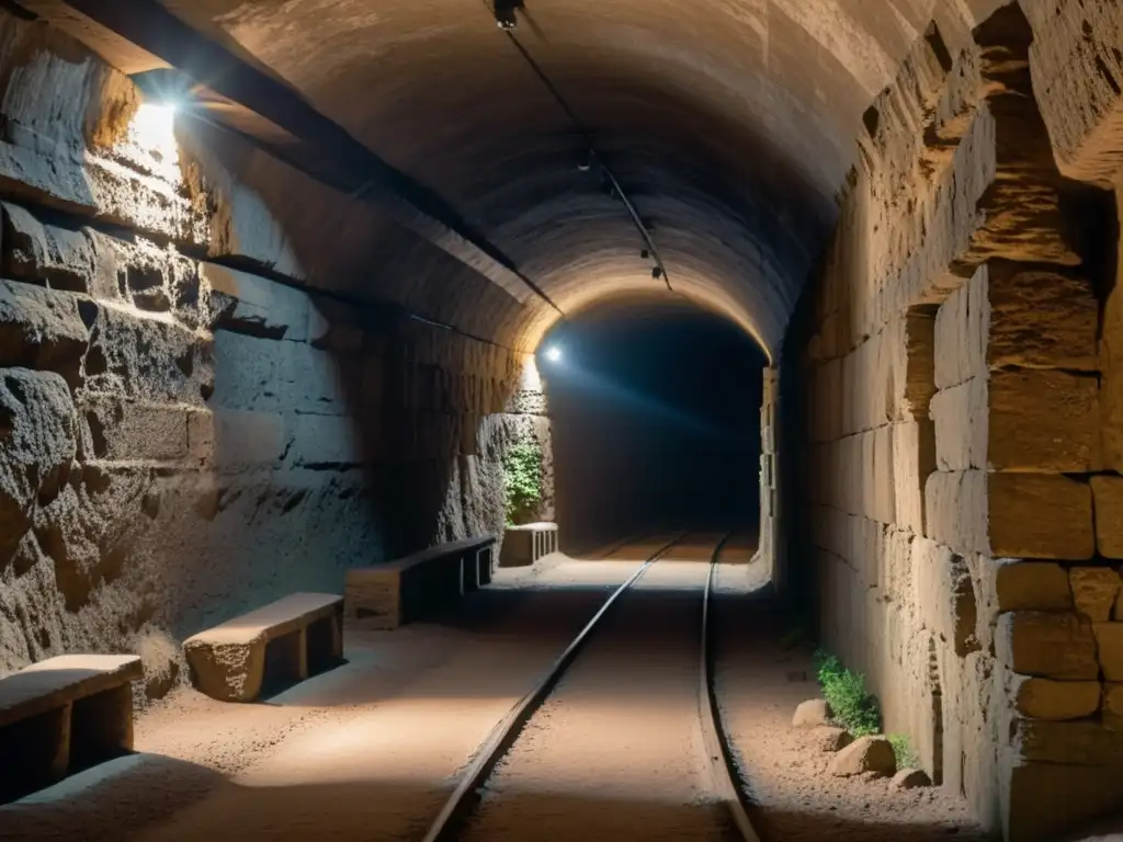 Explorando misteriosas ciudades subterráneas: un túnel oscuro con paredes de tierra y piedra, con una atmósfera intrigante