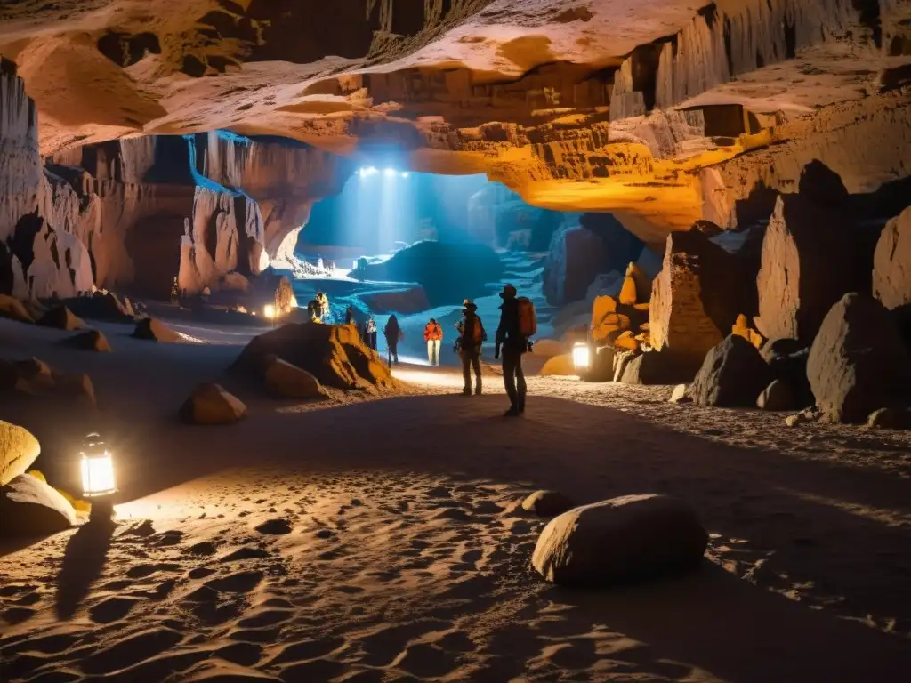 Un misterioso caverna subterránea iluminada por linternas, con exploradores y guías de exploración en ciudades subterráneas