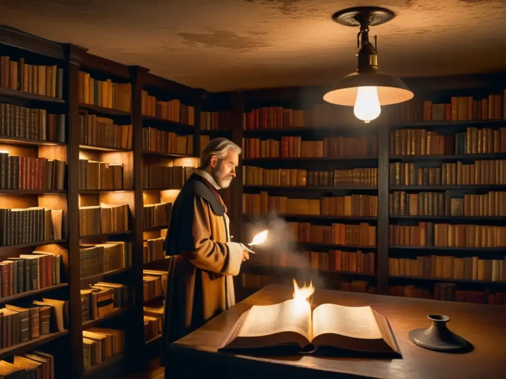 Un misterioso escenario subterráneo, una biblioteca antigua iluminada por antorchas con un erudito leyendo novelas subterráneas históricas mundo